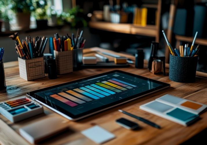 uma mesa muito organizada com um tablet, um bloco de rascunho, cantas, lapis em porta-lápis, um desfoque localizado, imagem passa a sensação de organização e calma.