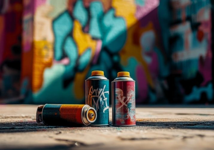 Imagem de três latas de tinta spray coloridas a frente de uma parede desfocada, também colorida.