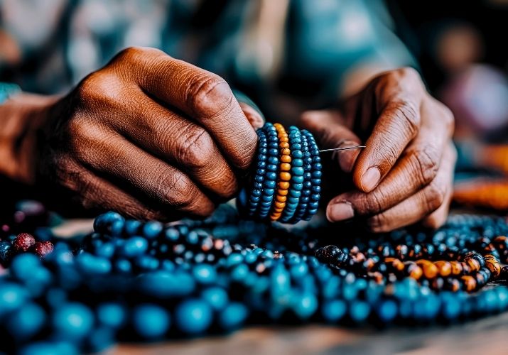 Imagem das mãos de um artesão com contas coloridas, ele está passando um fio pelas contas, com calma e tranquilidade.